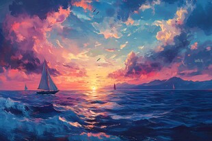 海上落日插画