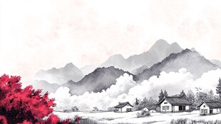 山村水墨意境风景画