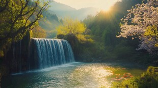 春天竹林瀑布晨曦唯美