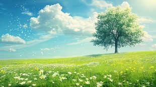 蓝天白云草地大树