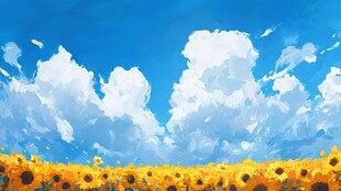 蓝天白云鲜花油画