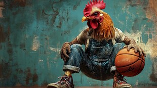 一人扮鸡妈妈坐在凳上