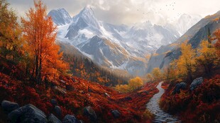 金秋秋色红叶雪山河谷