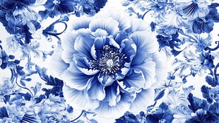 蓝色唯美牡丹装饰画