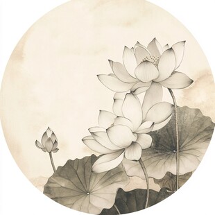 圆形小品荷花工笔画