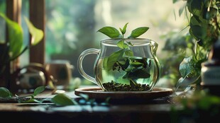 玻璃杯中的绿色茶叶