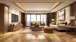 胡桃木纹新中式风格客厅效果图