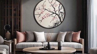 中式花鸟框画圆形挂画