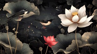 新中式荷花鸟背景墙