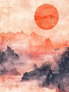 红日水墨山水