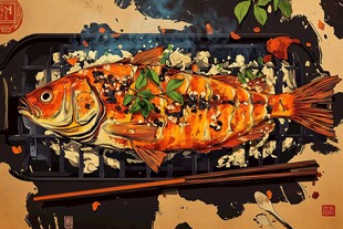 日式炭烤鱼插画