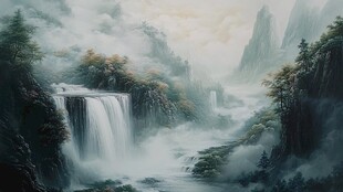 山水风景油画瀑布
