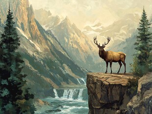 麋鹿山峦风景画