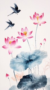 荷花飞鸟艺术画