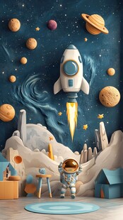 卡通火箭宇航员背景墙