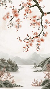 屏风溪流山峦梅花