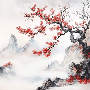 红叶古风山水画