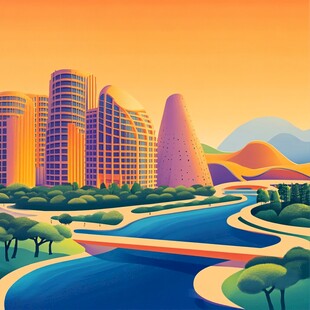 黄河流域城市建筑插画