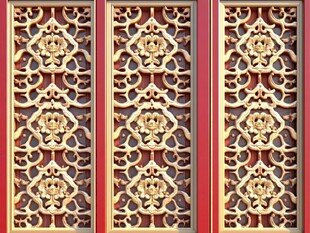 中式木窗户花浮雕墙