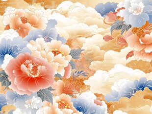 手绘牡丹花云山