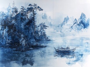 蓝色经典巨幅山水