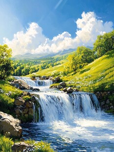 山水风景油画瀑布