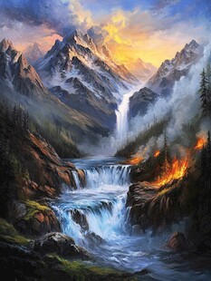 山水风景油画瀑布