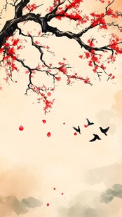 古风红梅花鸟插画