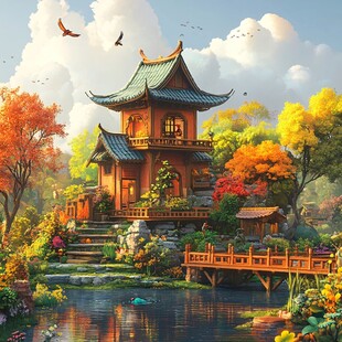 亭台楼阁意境插画