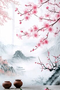 水墨桃花禅意山水