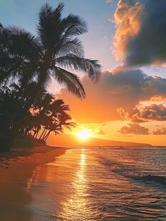 蓝天晚霞大海椰树