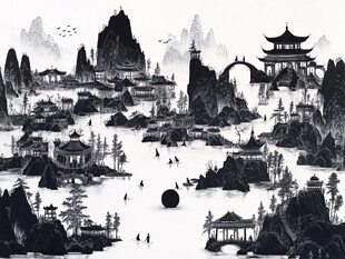 新中式楼阁山水