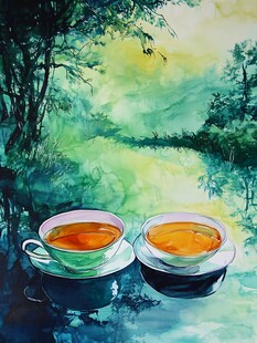 山水画茶树茶杯茶园