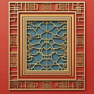 中式木窗户花浮雕墙