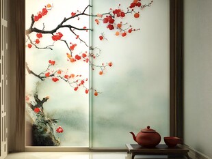 新中式手绘红色花鸟