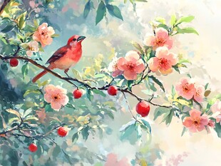 水彩春天插画鸟语花香