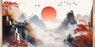 新中式泼墨红叶山水画