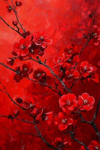 工笔手绘红墙梅花