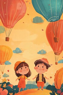 儿童看向热气球插画