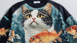 猫咪抱鱼印花图案