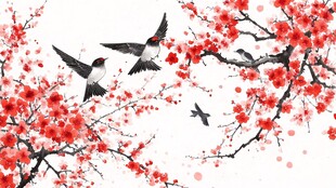 新中式手绘红色花鸟