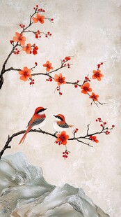 古风红梅花鸟插画