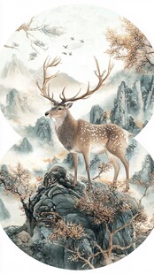 立体山水麋鹿圆框画