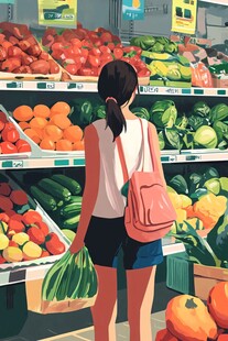手绘水果超市卡通女孩