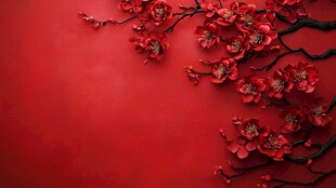 工笔手绘红墙梅花