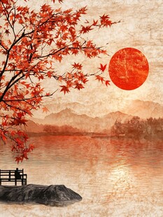 红叶古风山水画