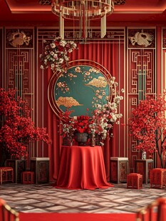 红色新中式婚礼花艺