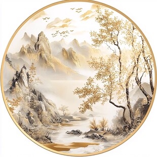 新中式山水圆形框画