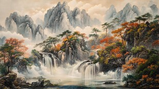 山水风景油画瀑布