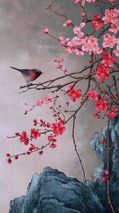 古风红梅花鸟插画